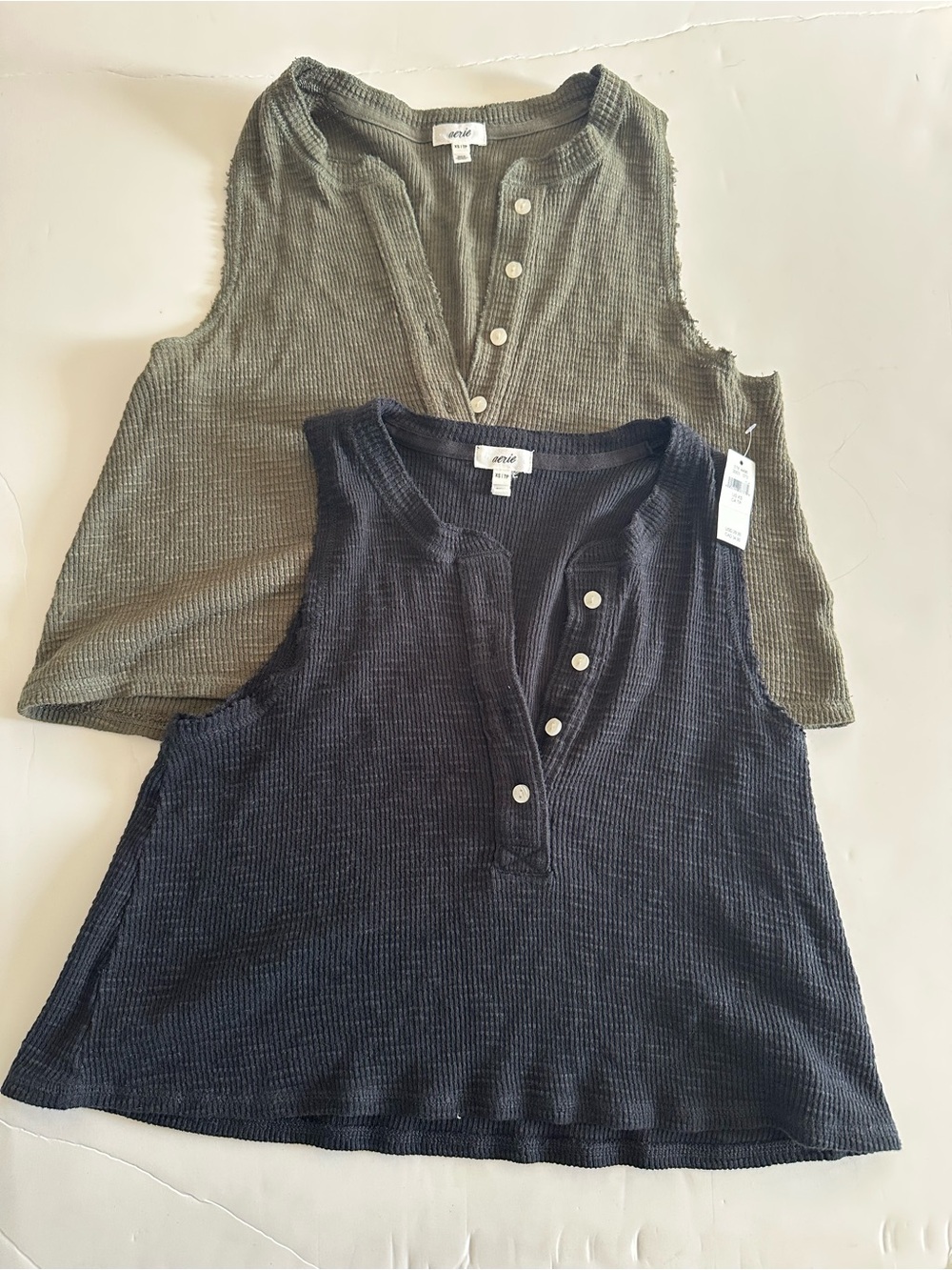 aerie Ribbed Henley Crop Tank Tops in Olive Green and black